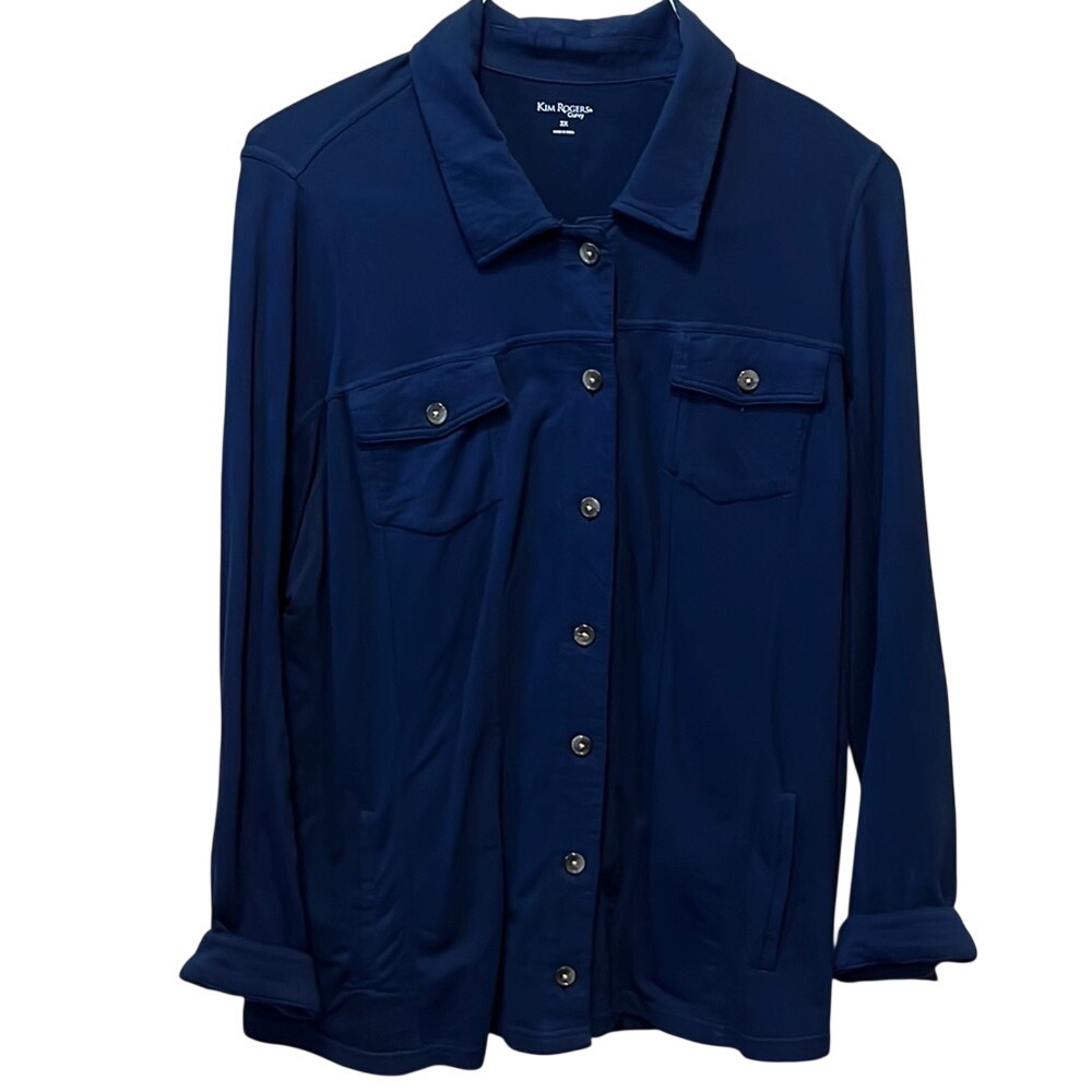 Kim Rogers Navy Blue Button Front Cotton Shirt Jacket Plus Size‎ 2X Shacket